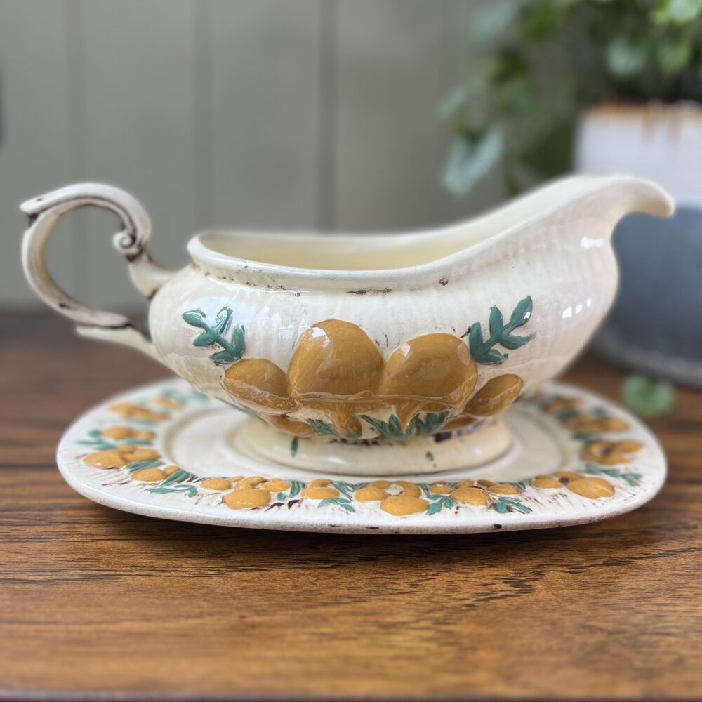 Gravy Boat + Tray Mushrooms by Arnels Signed GH 80 Rustic Farm Cottage Style